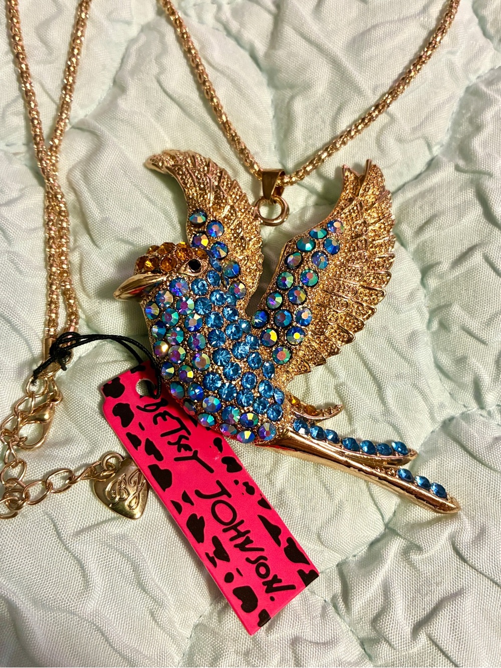 Betsey Johnson Bird Pendant with Blue Iridescent Crystals New